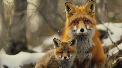 Naklejka premium Mama fox posing with her baby kit