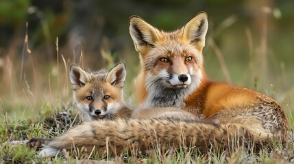 Fototapeta premium Mama fox posing with her baby kit