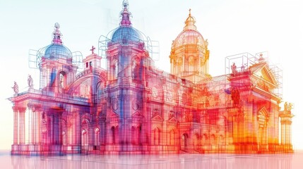 Obraz premium Abstract multi-colored architectural structure with domes and columns in translucent, vibrant hues.