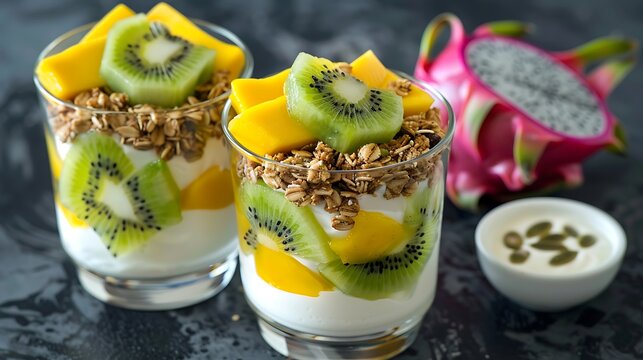 Vibrant Tropical Fruit Parfait with Yogurt, Granola, Kiwi, Mango, and Dragon Fruit, a Healthy and Delicious Breakfast Option