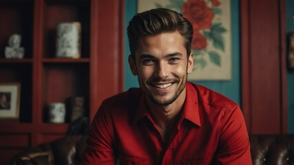 Fototapeta premium handsome guy red shirt posing smiling portrait in vintage retro background concept