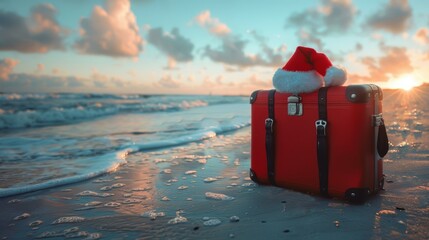 Red suitcase with a Santa hat on a beach at sunset. Concept of holiday travel, festive season, and relaxation