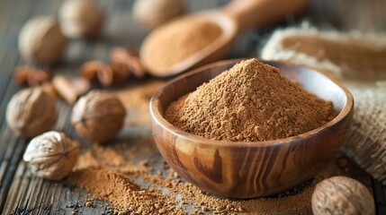 nutmeg and powder in bowl and on a table