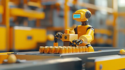Fototapeta premium The Industrial Robot Standing On A Metal Conveyor Belt. 