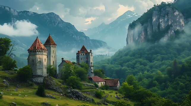 Old stone towers in green mountainous terrain ancient stone buildings of old town located on green hill against mountains covered with forest and fog in summer day - Powered by Adobe