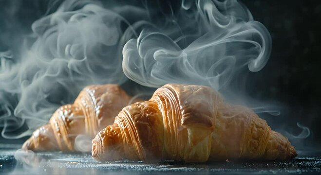 Delicious freshly baked, crispy, layered croissants with steam.