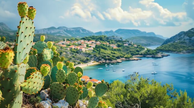 Prickly pear cactus on the hills of kolocep island