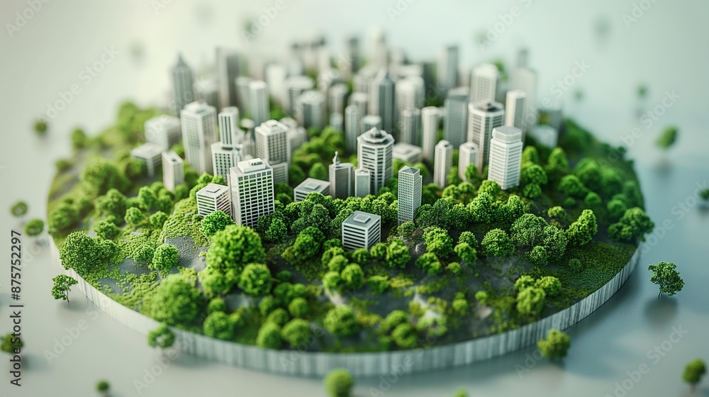 Poster a miniature model of a city skyline built on a circular platform surrounded by trees.