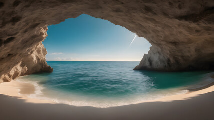 Ocean cave. with a single ray of sunlight filtering through from a crack in the ceiling. lighting up the crystal clear water and white sands.