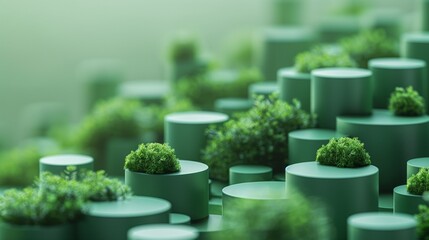 A row of green cylinders with plants on top of them. 