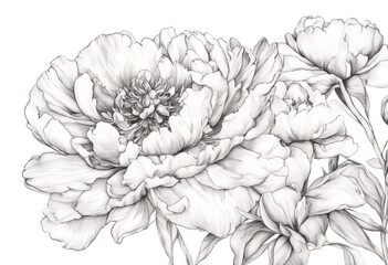 botany botanical detailed tattoo black contour bloom card idea white art background peony flower treebranch drawn blossom line sketch hand