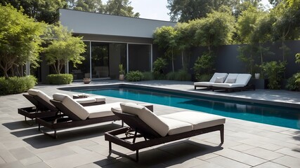 Fototapeta premium Seats to relax and sunbathe by the swimming pool in an exotic villa. AI Generative.