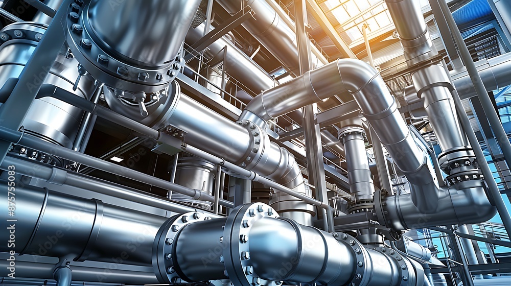 Wall mural aerial view of an industrial maze of pipes and valves in shades of steel and blue