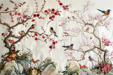 Beautifully embroidered birds on floral branches design