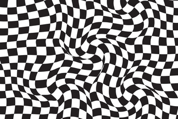 Obraz premium Checkered background with distortion effect. Abstract black and white background, distorted groovy twisted grid. Chessboard surface as abstract banner with distortion.