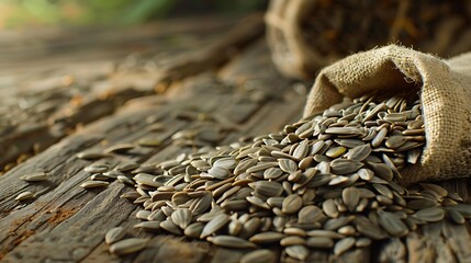 Obraz premium Sunflower seeds with a small bag lies on a wooden table