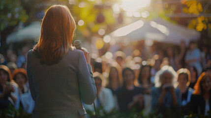 Fototapeta premium woman in suit holding microphone and speaking to a crowd of people at an outdoor event or conference