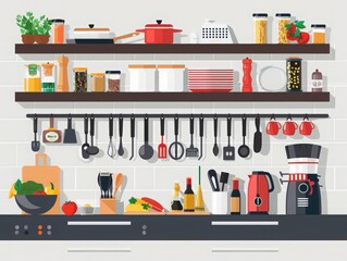 Modern kitchen with utensils, appliances, and shelves filled with cooking tools and ingredients displayed in a neat arrangement.