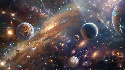 Exploration of the cosmos with stars, galaxies, and celestial bodies. Educational collage on astronomy and science.