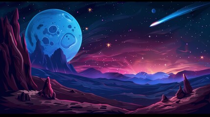 Fototapeta premium Galaxy background with planet, stars and meteor in outer space. Alien planet or moon landscape with craters and comet flying in night sky, vector cartoon illustration