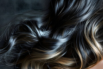 Naklejka premium long dark curly beautifully styled hair black background with room for text hairdressing care coloring and gray hair shading