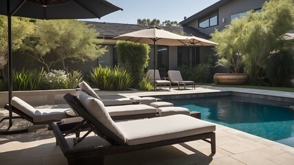 Seats to relax and sunbathe by the swimming pool in an exotic villa. AI Generative.