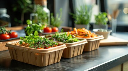 A detailed close-up of an RTE meal in biodegradable packaging, on a stylish kitchen counter.  