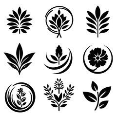 A set of leafy symbols, including a flower, a tree, and a leaf