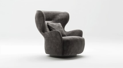 Gray upholstered armchair with a tall, curved back and wide, plush seat is isolated on a white background.