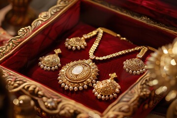 Obraz premium gold jewelry Kundan necklace with matching earrings on white background with a jewelry box. selectively focused.