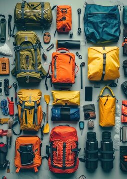 Organized Backpacking Gear Knolling - A meticulously organized knolling arrangement of essential backpacking gear and accessories, showcasing everything needed for an outdoor adventure.