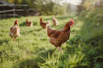 Fototapeta premium A group of chickens roam freely on the farm's lush grass. Peck and explore their environment.