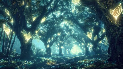 Obraz premium An otherworldly forest where the leaves are made of light and the trees glow in the dark.