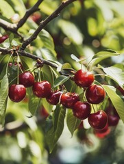 Cherry tree branches laden with plump, ripe fruits showcase the beauty of nature's bounty and the benefits of organic farming.