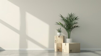 Cardboard boxes and houseplants lay on the floor of the spare room. which symbolizes the process of moving