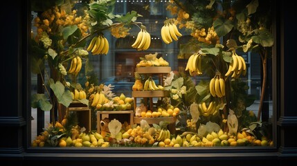 Fototapeta premium Fruit display in a shop window featuring bananas, lemons, and other yellow fruits, surrounded by green leaves and decorative elements.