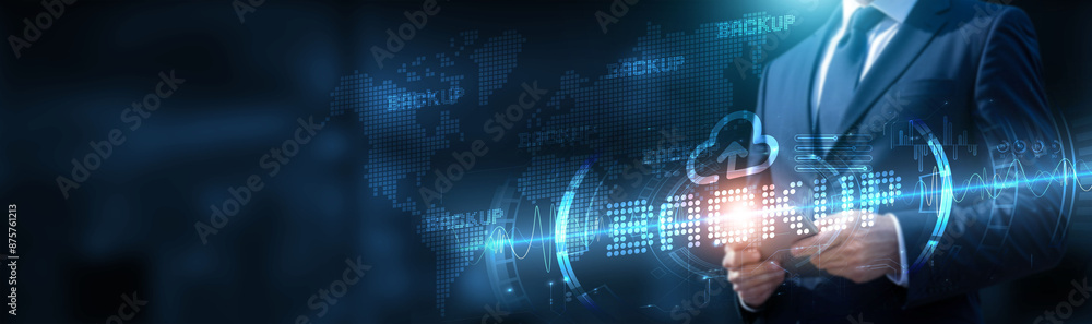 Poster backup. businessman using tablet on a global network connection on cloud services and real-time comm