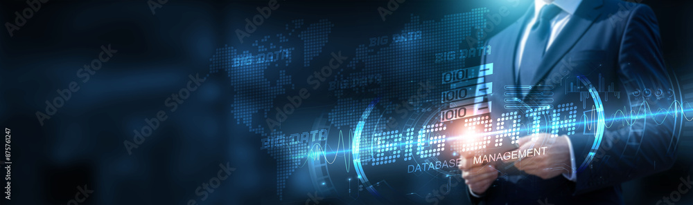 Poster big data. businessman using tablet on a global network connection on big data and analysis with real