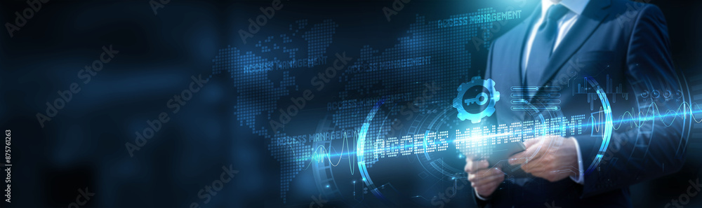 Poster businessman using tablet on a global network connection for access management and data development o