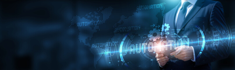 Automation. Businessman using tablet on global network connection on automation and innovation with real-time data and development of technology solutions. Technology and automation drive efficiency.