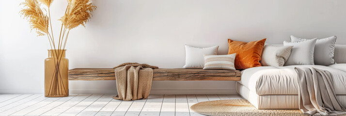 Interiors designer composition with rustic furniture in a residential property. Minimalist Real Estate conceptual image with plain lighting and copy space.