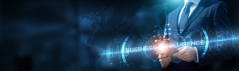 BI. A businessman using a tablet on a global network connection on various platforms and devices with real-time data and development of business intelligence (BI). Technology and data analytics.