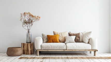 Interiors designer composition with rustic furniture in a residential property. Minimalist Real Estate conceptual image with plain lighting and copy space.