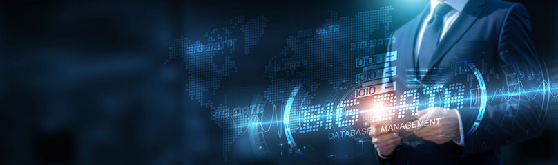 Big data. Businessman using tablet on a global network connection on big data and analysis with real-time insights and development of strategies. Technology and innovation drive growth and efficiency.