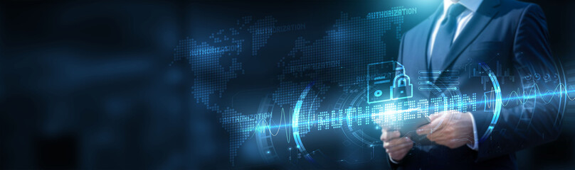 Authorization. Businessman using tablet on global network connection on authorization and access with secure data and development of technology. Innovation and efficiency.