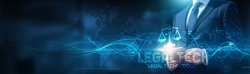 Businessman using tablet on a secure global network connection to access and manage legal documents...