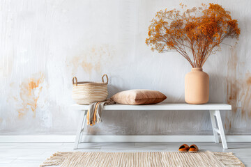 Interiors designer composition with rustic furniture in a residential property. Minimalist Real Estate conceptual image with plain lighting and copy space.