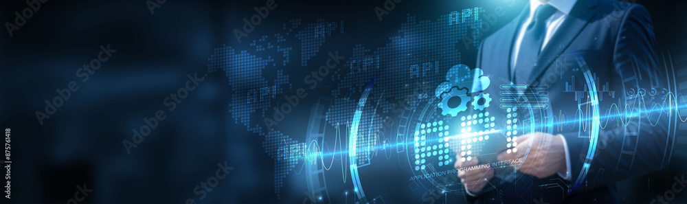 Poster businessman using tablet on global network connection on api and cloud services with real-time data 