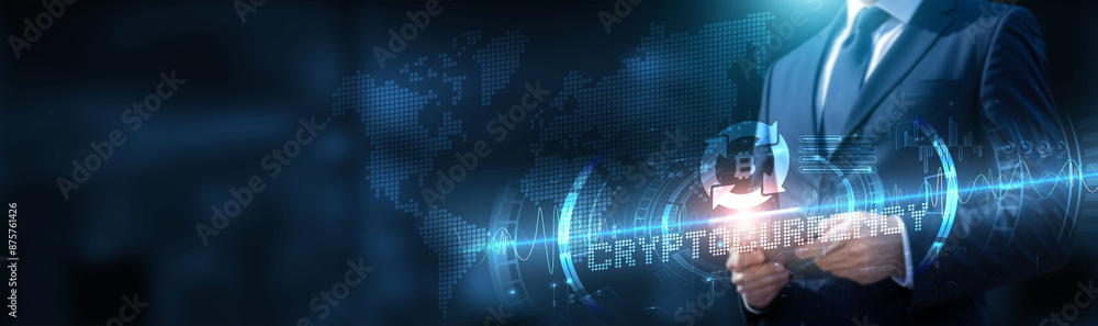 Poster businessman using tablet on global network connection on cryptocurrency and blockchain with real-tim