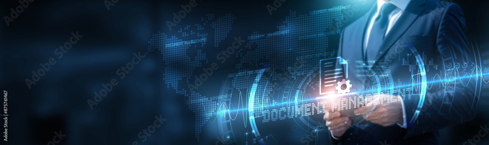 Poster businessman using tablet on global network connection on document management and data with cloud dat